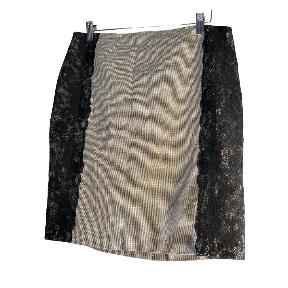 Laundry By Shelly Segal Womens Pencil Skirt Black Checked Lace Slit Zip Size 10